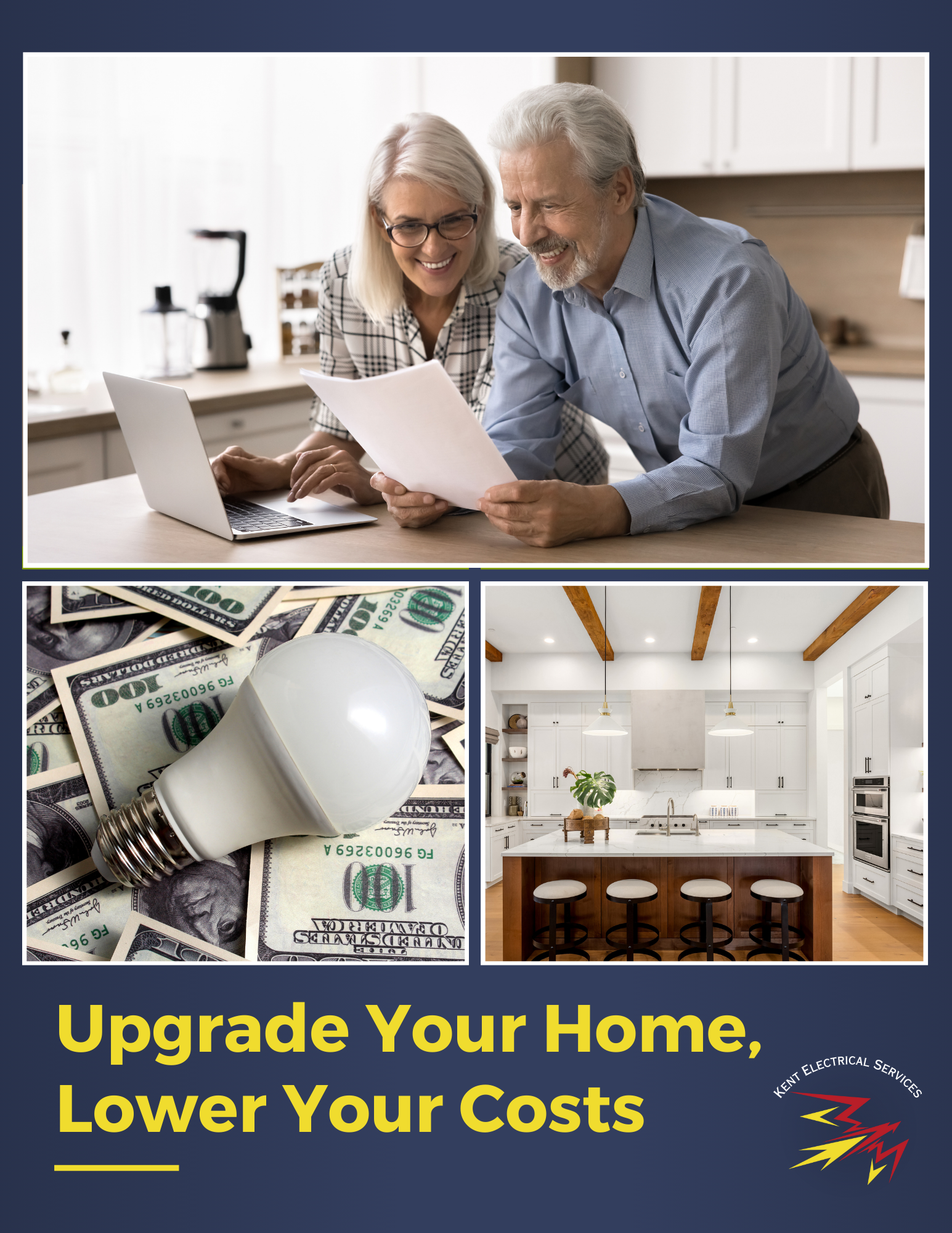 Smiling senior couple reviewing energy savings in a modern kitchen, an LED light bulb on dollar bills symbolizing cost savings, and a bright, energy-efficient kitchen upgrade. Kent Electrical Services helps homeowners reduce costs with smart electrical solutions.