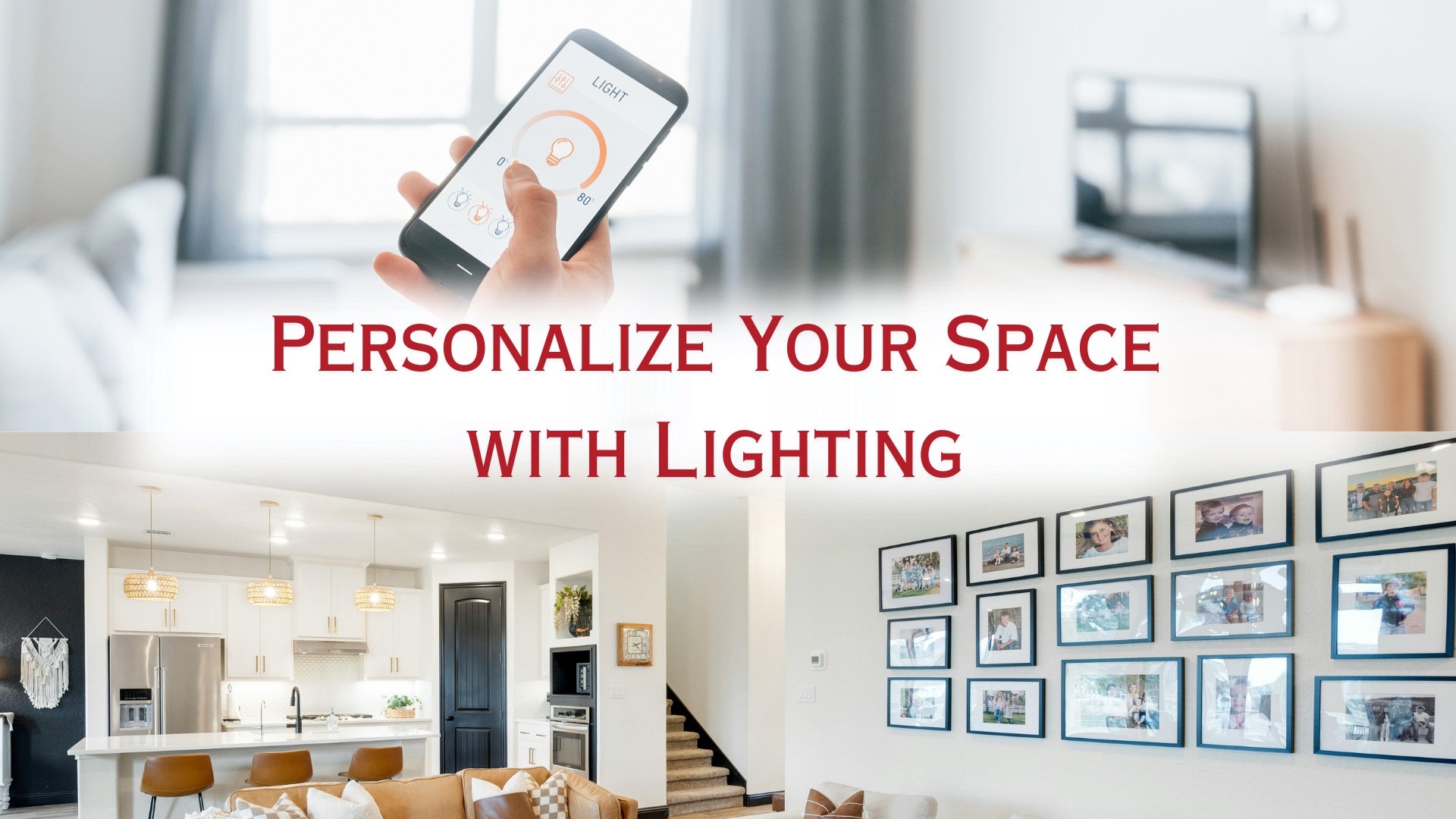 Smart home lighting control with a smartphone and a modern, well-lit living room and kitchen featuring custom ceiling lighting. Enhance your home or business with energy-efficient, personalized lighting solutions.