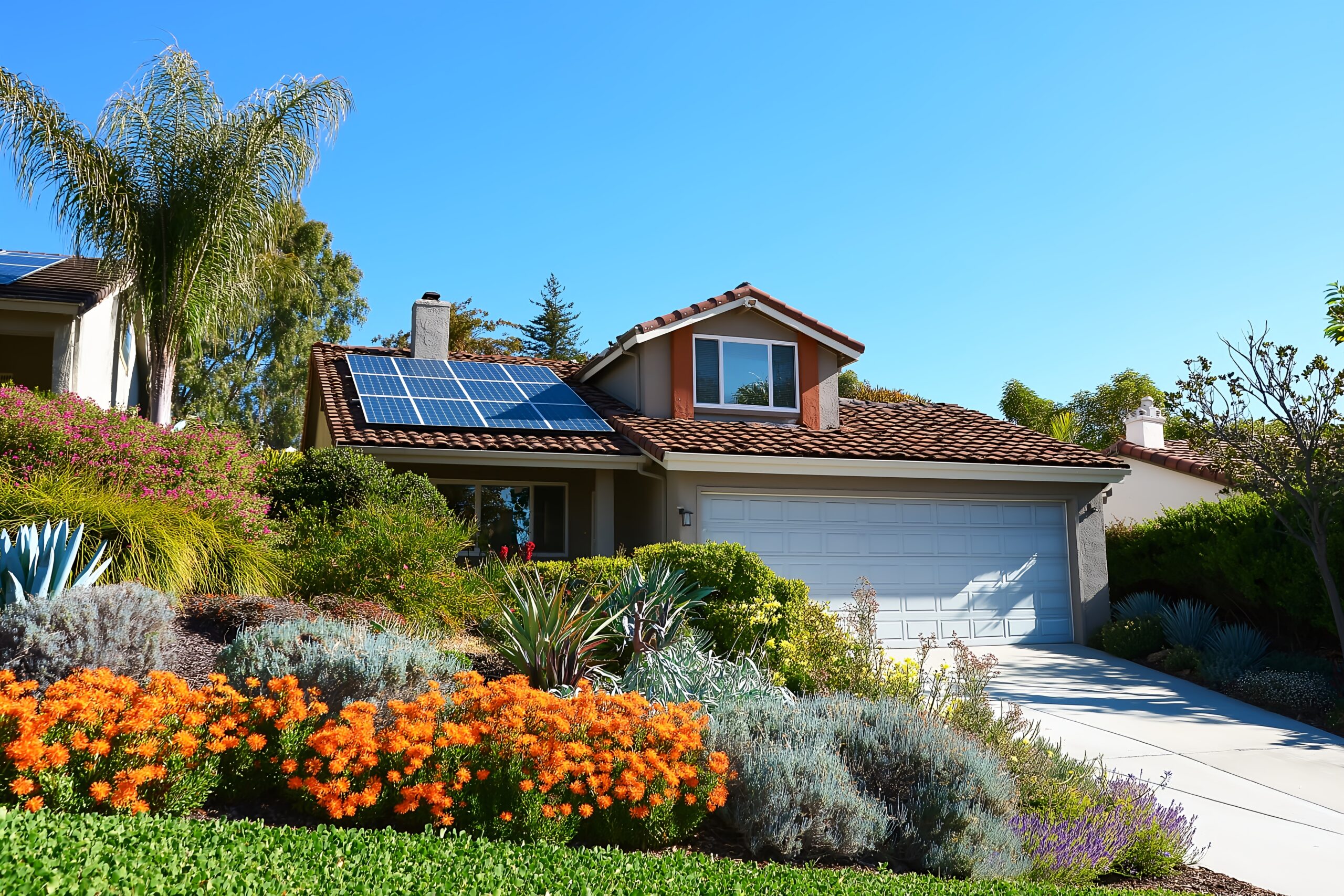 Modern Solar Panels Installed on a San Diego California Home Under Clear Blue Sunny Sky, Solar Photography, Solar Powered Clean Energy, Sustainable Resources, Electricity Source Modern residential lighting installed by Kent Electrical Services in San Diego home